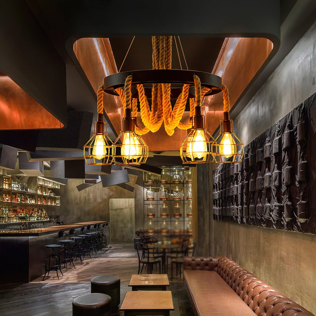 Hemp Rope Industrial Chandelier – Ambient Illumination in Luxury Interior Setting View 11
