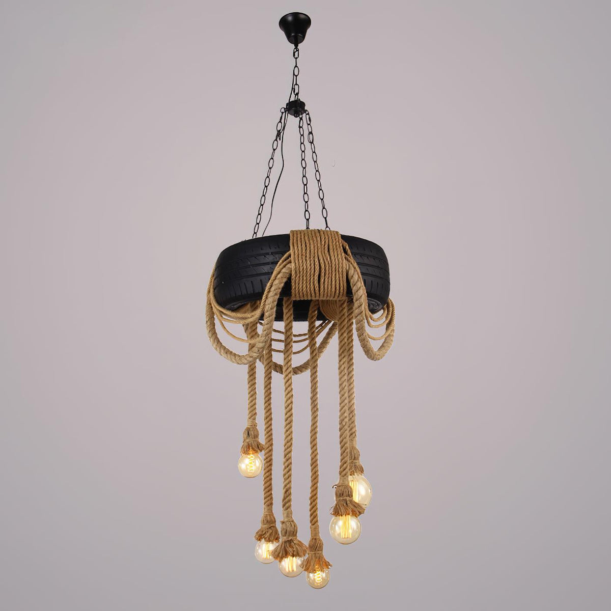 Hemp Rope Industrial Tire Chandelier – Ambient Illumination in Luxury Interior Setting View 14