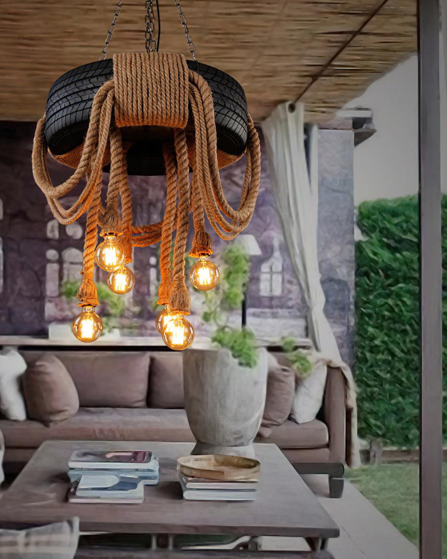 Hemp Rope Industrial Tire Chandelier – Ambient Illumination in Luxury Interior Setting View 7