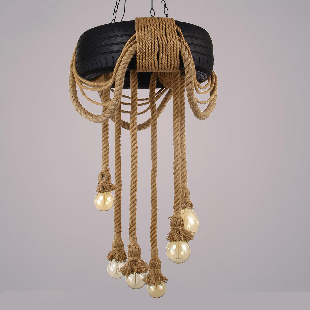 Hemp Rope Industrial Tire Chandelier – Ambient Illumination in Luxury Interior Setting View 15