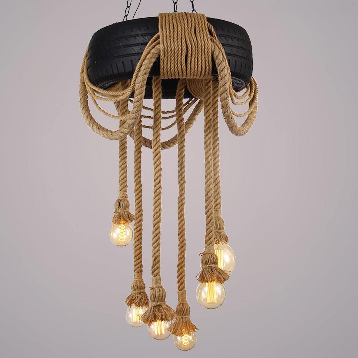 Hemp Rope Industrial Tire Chandelier – Ambient Illumination in Luxury Interior Setting View 16