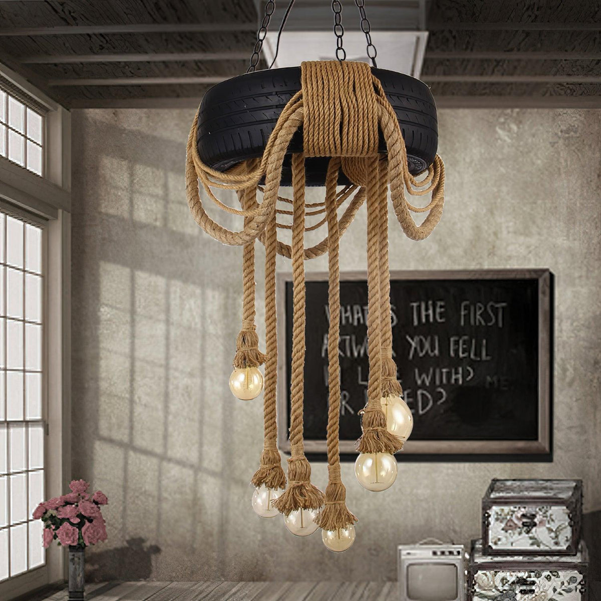 Hemp Rope Industrial Tire Chandelier – Ambient Illumination in Luxury Interior Setting View 3
