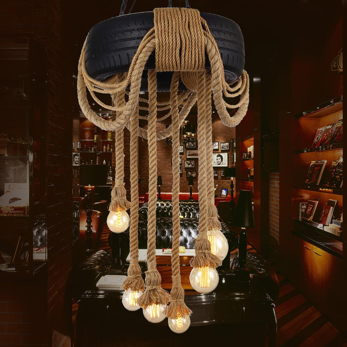 Hemp Rope Industrial Tire Chandelier – Ambient Illumination in Luxury Interior Setting View 4