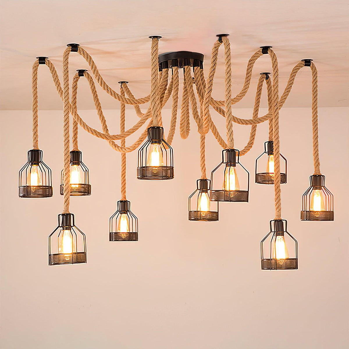Hemp Rope Scattered Chandelier – Ambient Illumination in Luxury Interior Setting View 12