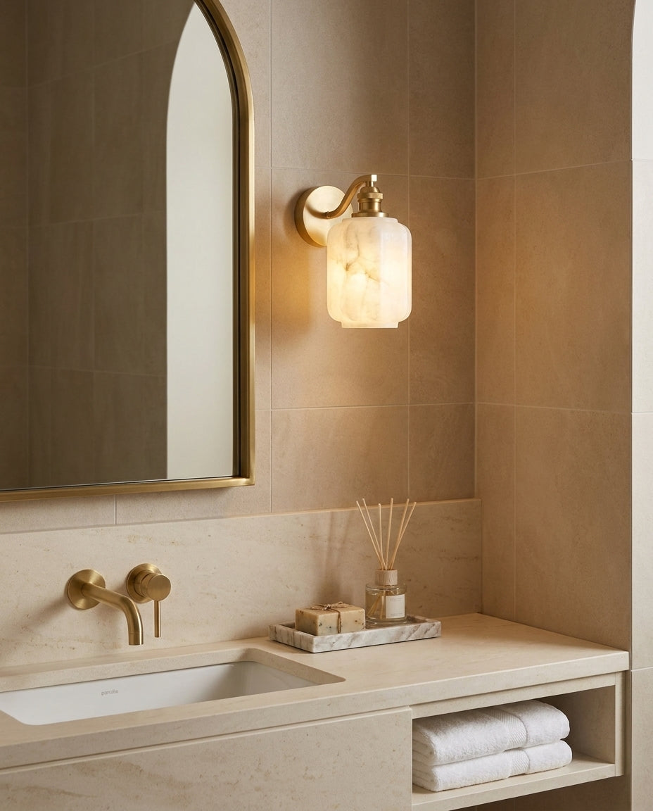 Henry Alabaster Curated Alabaster Wall Sconce warm illuminated room view