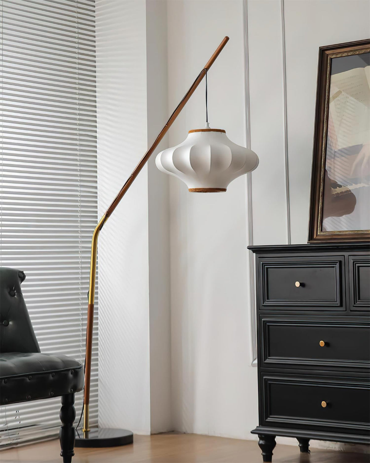 Hikari Curated Solid Brass Floor Lamp installed in residential dining space