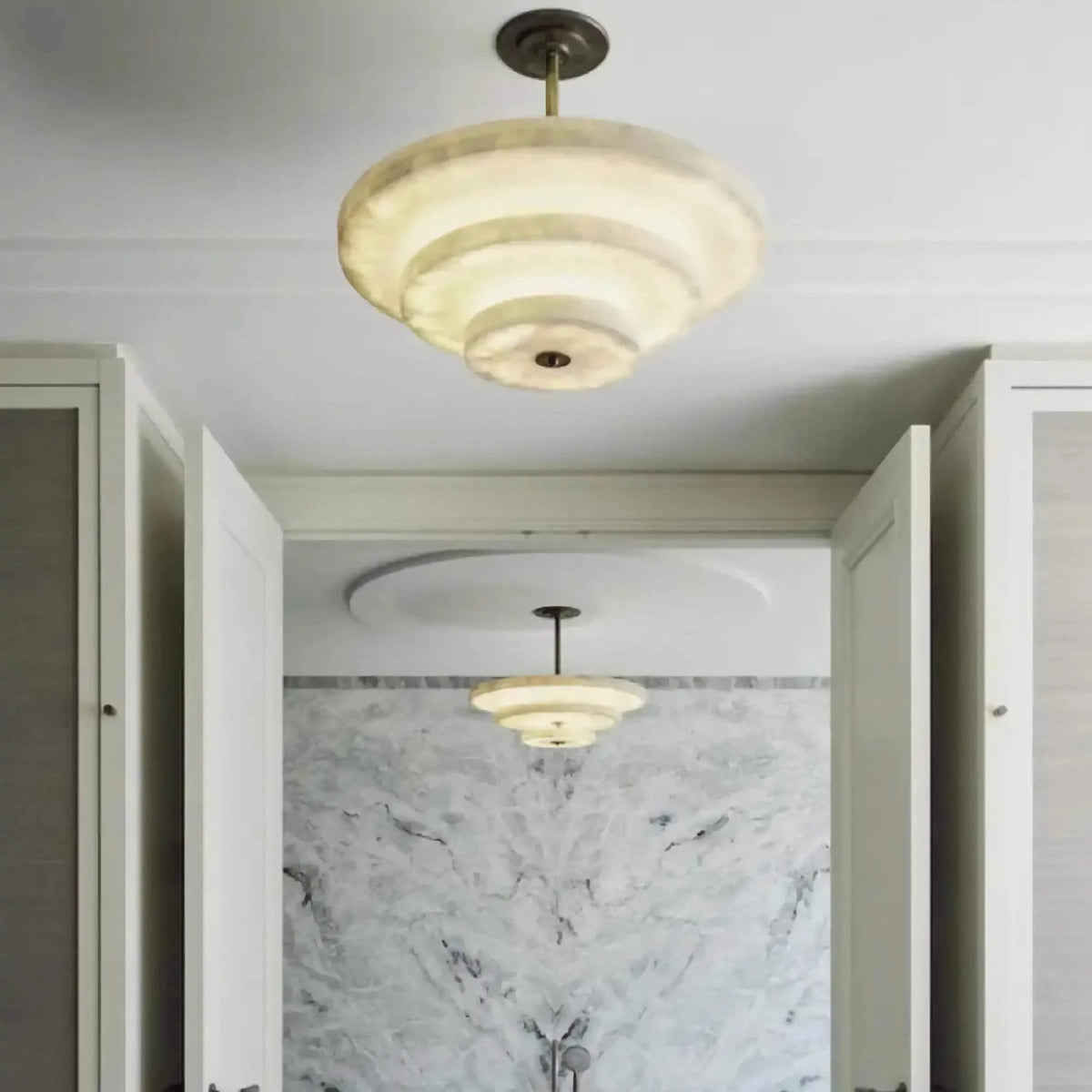 Ice Queen Alabaster Curated Alabaster Chandelier installed in residential dining space