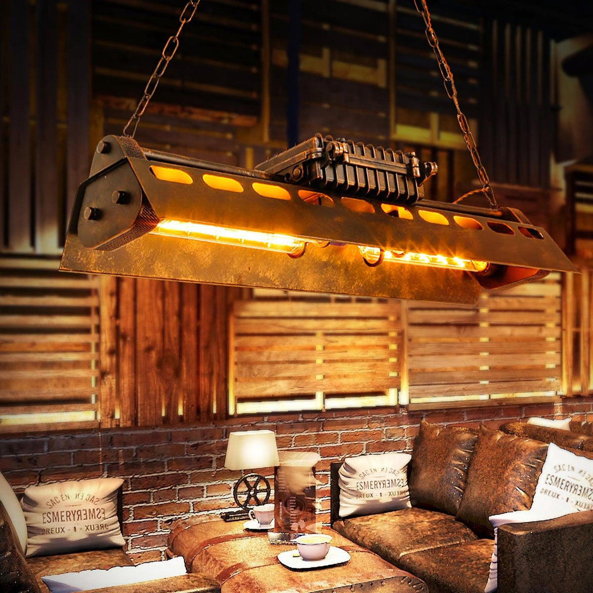Industrial Steampunk Curated Amber Art Glass Cha installed in residential dining space