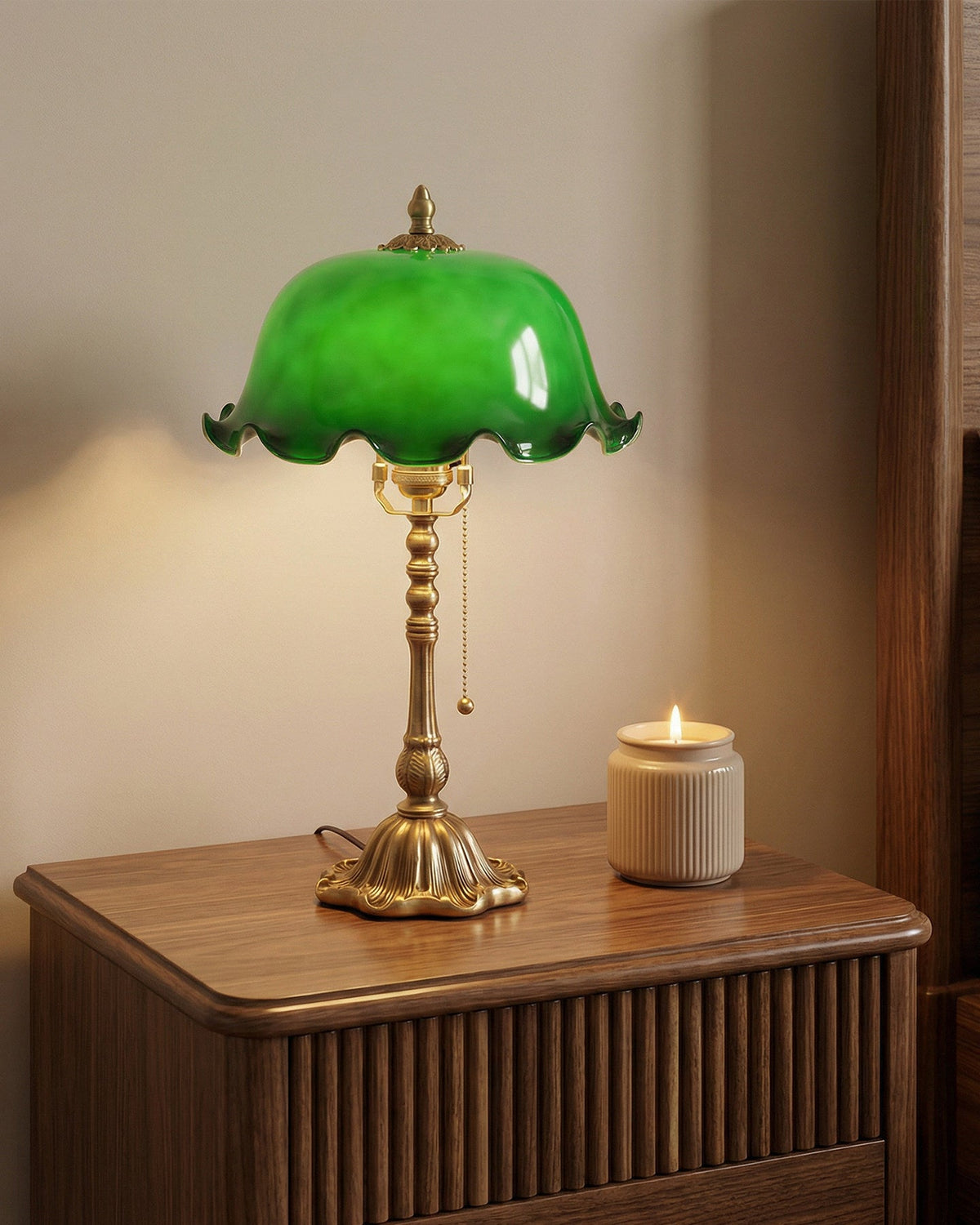 Jadelle Curated Mouth-Blown Frosted Glass Table warm illuminated room view
