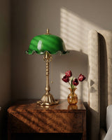 Jadelle Curated Mouth-Blown Frosted Glass Table – illuminated warm ambiance setting