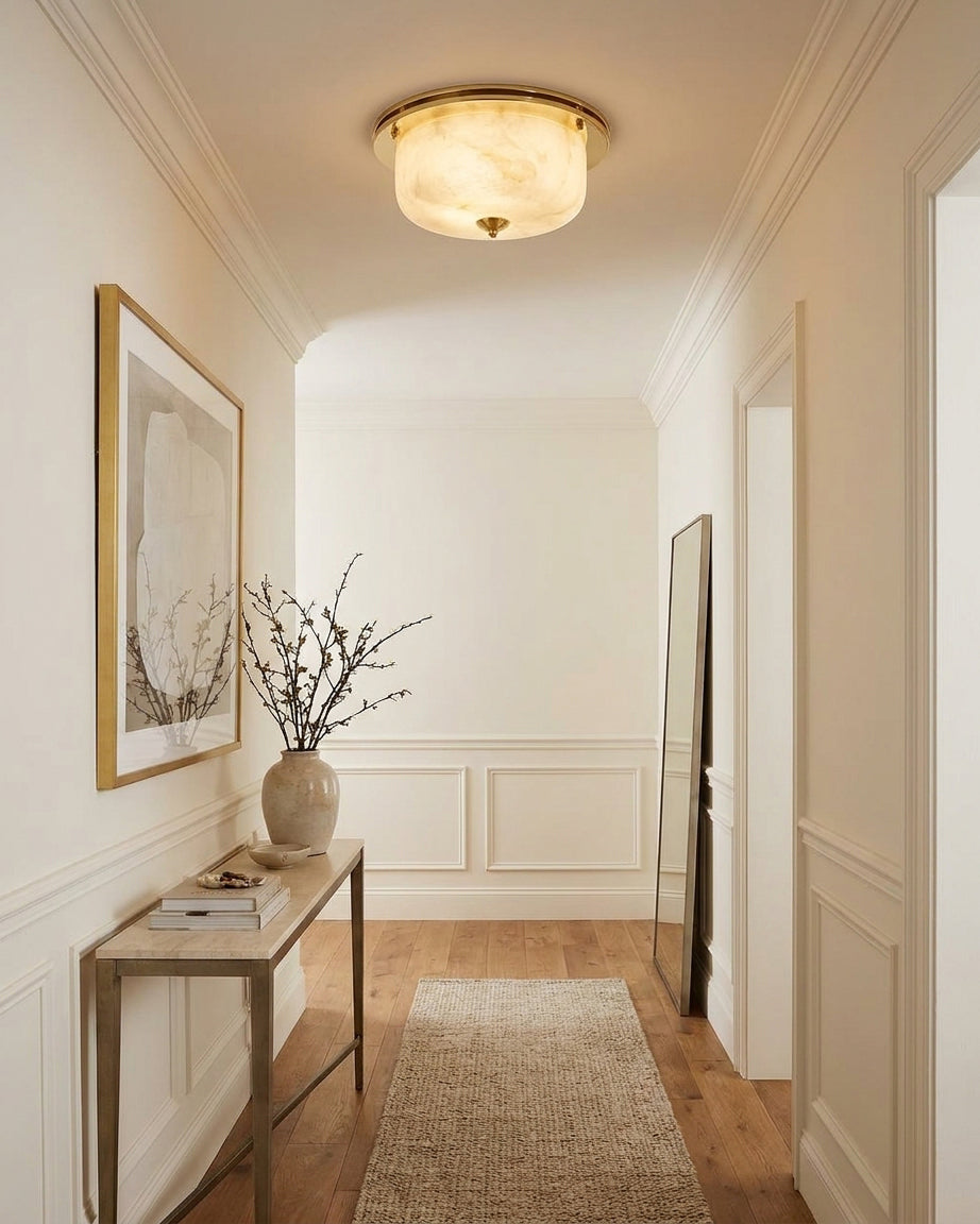 Justice Alabaster Curated Alabaster Flush Mount – illuminated warm ambiance setting