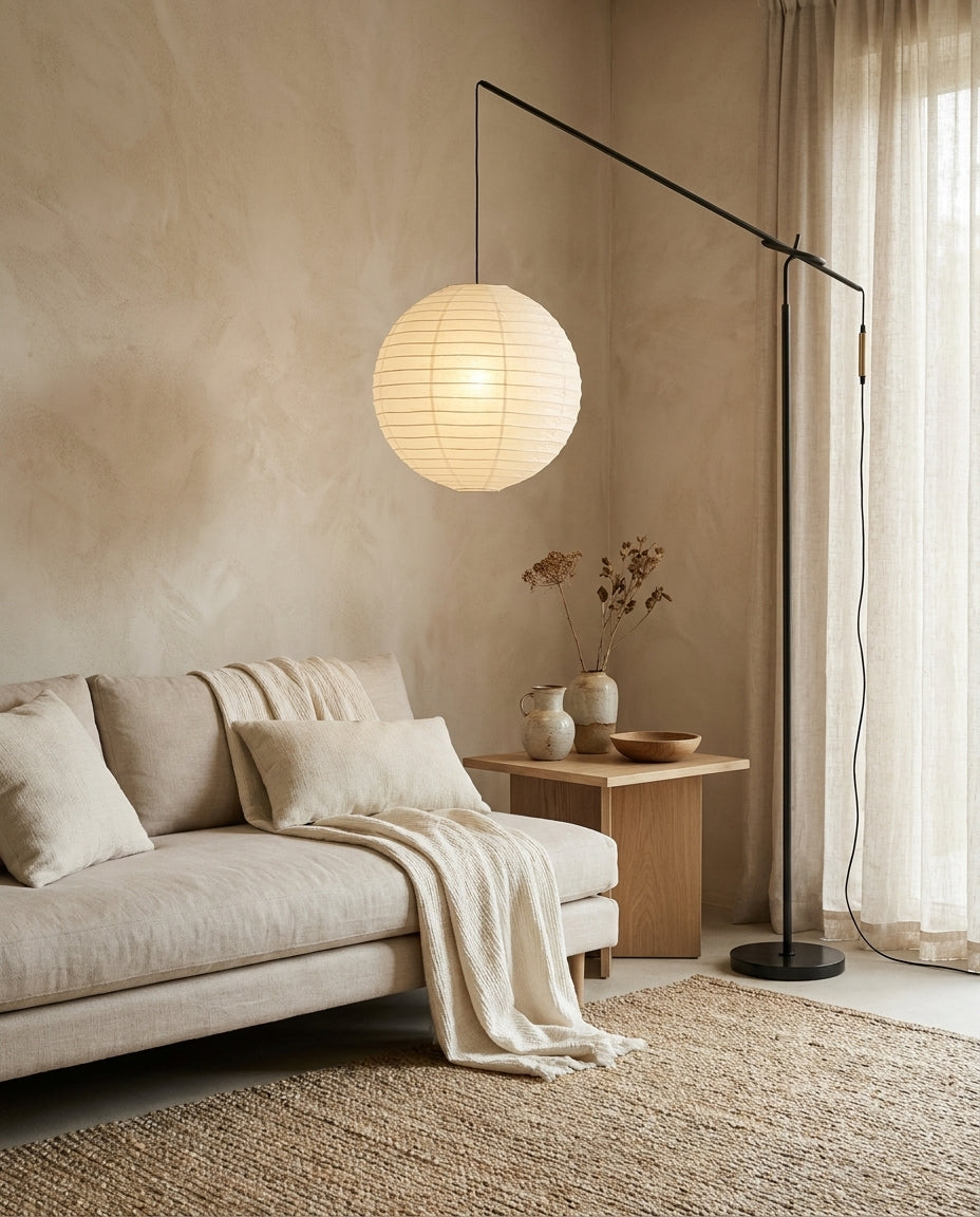 Kanso Paper Floor Curated Washi Paper Floor Lamp warm illuminated room view