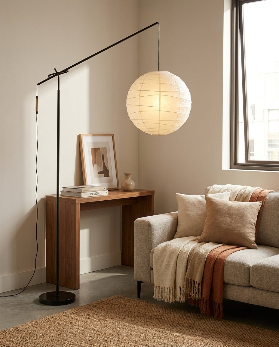 Kanso Paper Floor Curated Washi Paper Floor Lamp – illuminated warm ambiance setting
