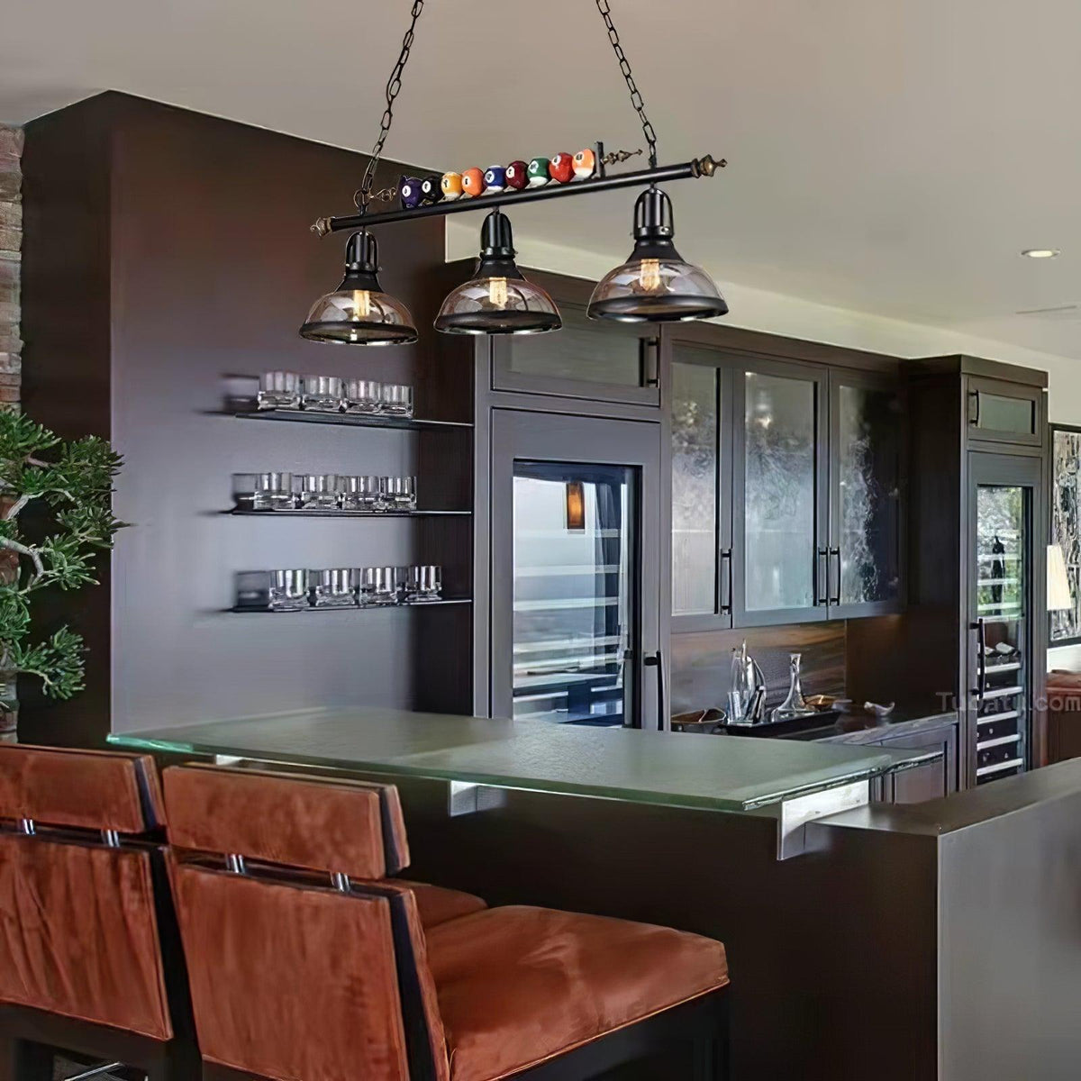 Kasha Billiard Curated Mouth-Blown Frosted Glass – illuminated warm ambiance setting