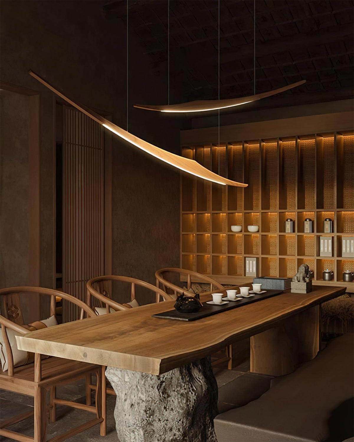 Kinetic Arc Curated Iron & Glass Chandelier – architectural ceiling profile