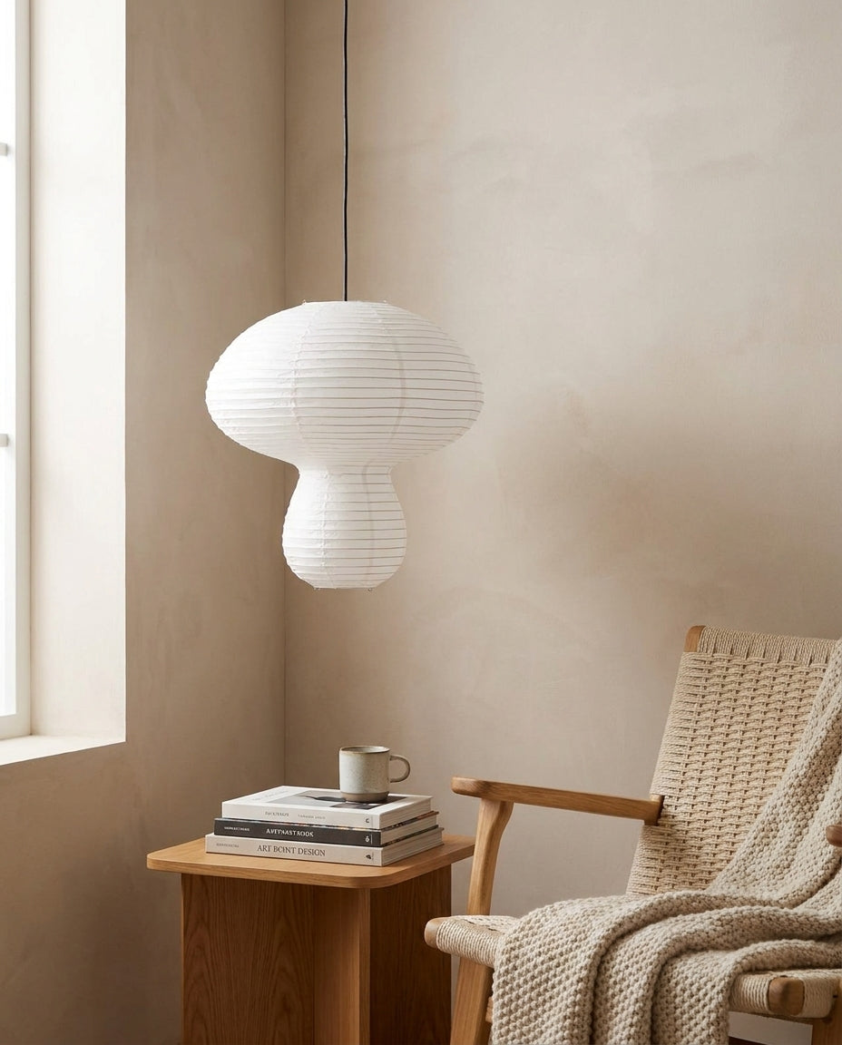 Kogane Paper Curated Washi Paper Pendant Light – illuminated warm ambiance setting