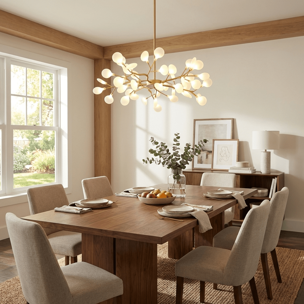 LED Firefly Sputnik Curated Mouth-Blown Frosted installed in residential dining space