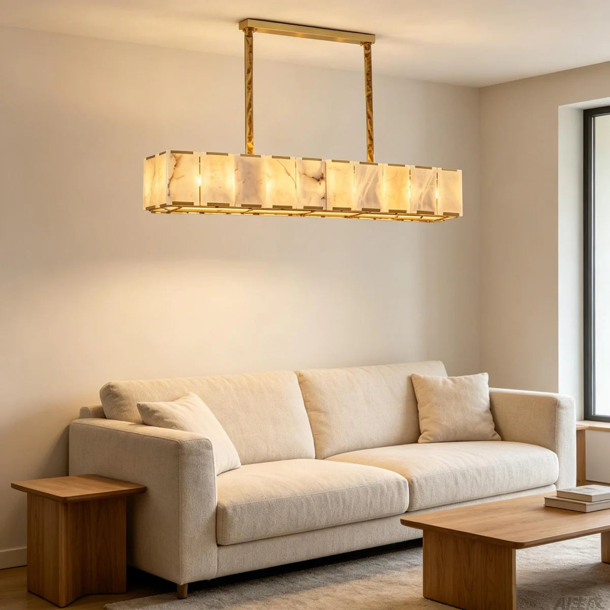 Spanish Alabaster Chandelier View 5 | Lashima Marble & Solid Brass Bar Chandelier | Modern Luxury Linear Pendant Light for Living Room & Dining Room | JINSHE | JINSHE