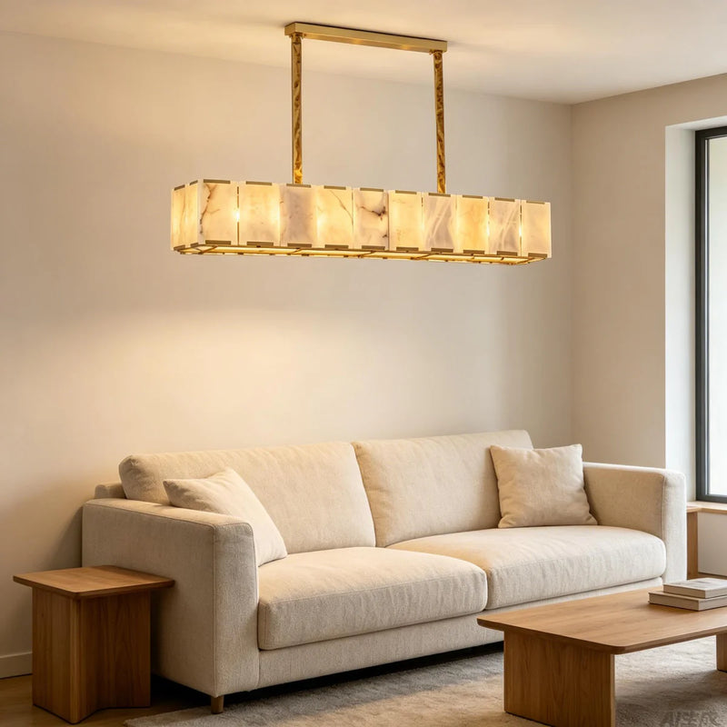 Spanish Alabaster Chandelier View 5 | Lashima Marble & Solid Brass Bar Chandelier | Modern Luxury Linear Pendant Light for Living Room & Dining Room | JINSHE | JINSHE