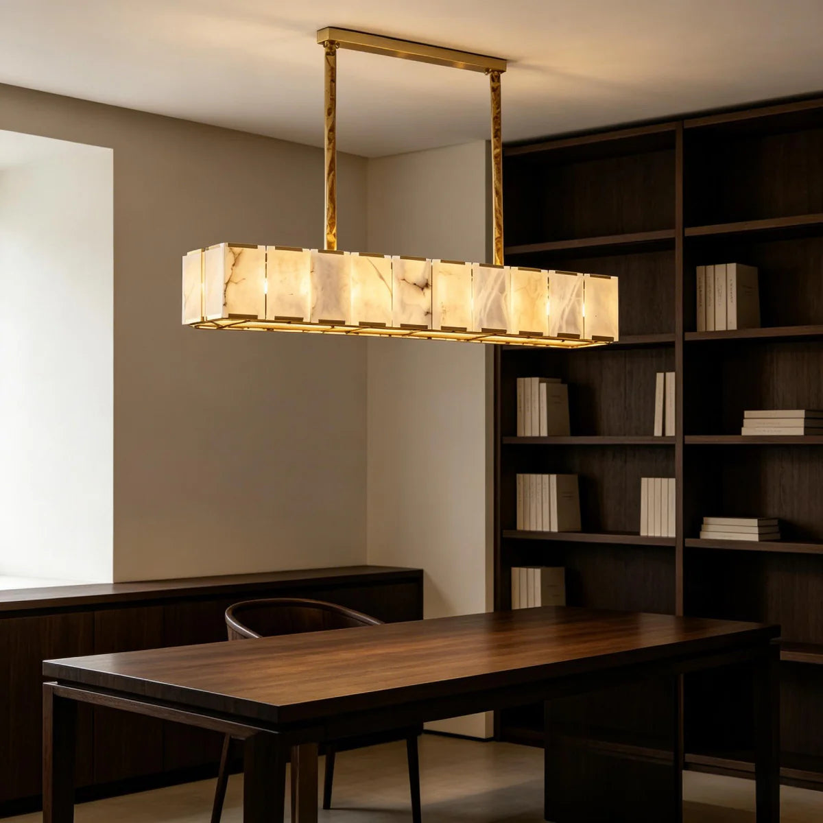 Spanish Alabaster Chandelier View 10 | Lashima Marble & Solid Brass Bar Chandelier | Modern Luxury Linear Pendant Light for Living Room & Dining Room | JINSHE | JINSHE