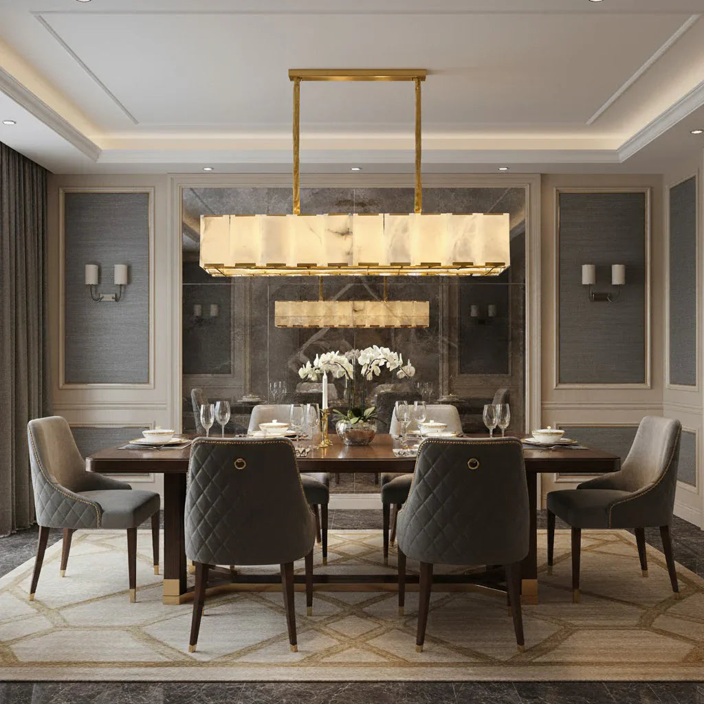 Spanish Alabaster Chandelier View 3 | Lashima Marble & Solid Brass Bar Chandelier | Modern Luxury Linear Pendant Light for Living Room & Dining Room | JINSHE | JINSHE