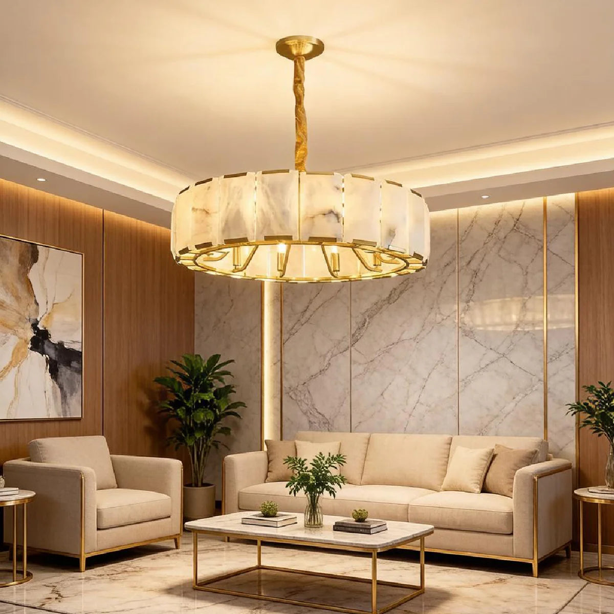 Spanish Alabaster Chandelier View 5 | Lashima Alabaster Halo Ring Chandelier | Modern Luxury Pendant Light for Living Room | JINSHE | JINSHE