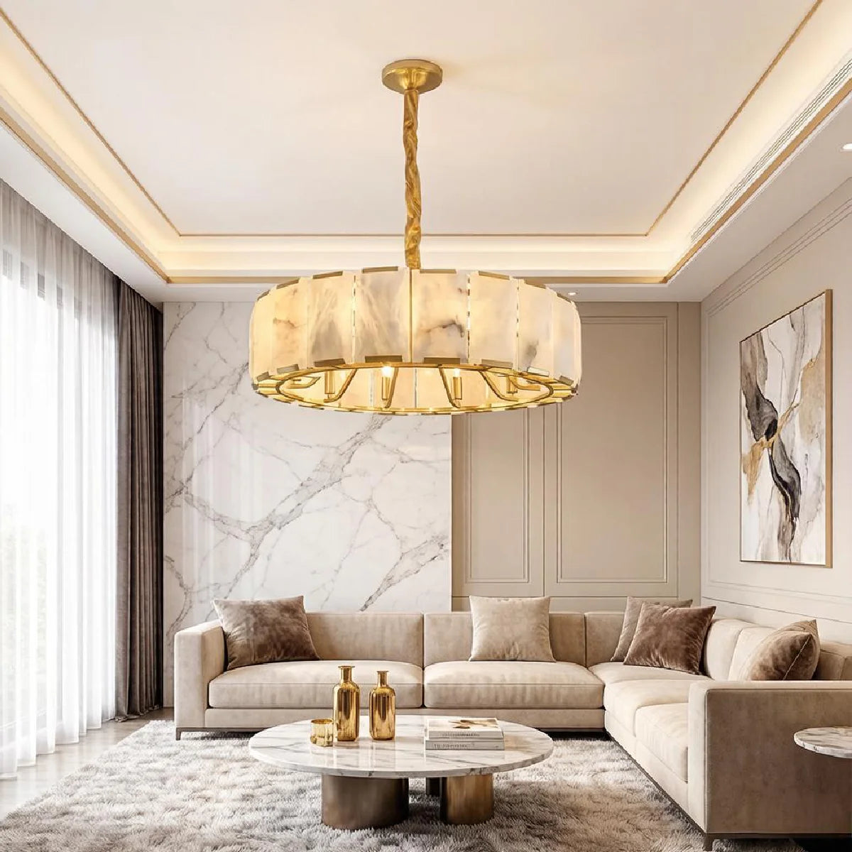 Spanish Alabaster Chandelier View 6 | Lashima Alabaster Halo Ring Chandelier | Modern Luxury Pendant Light for Living Room | JINSHE | JINSHE