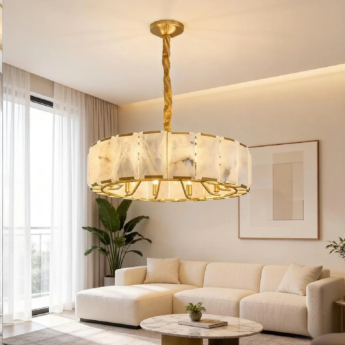 Spanish Alabaster Chandelier View 7 | Lashima Alabaster Halo Ring Chandelier | Modern Luxury Pendant Light for Living Room | JINSHE | JINSHE