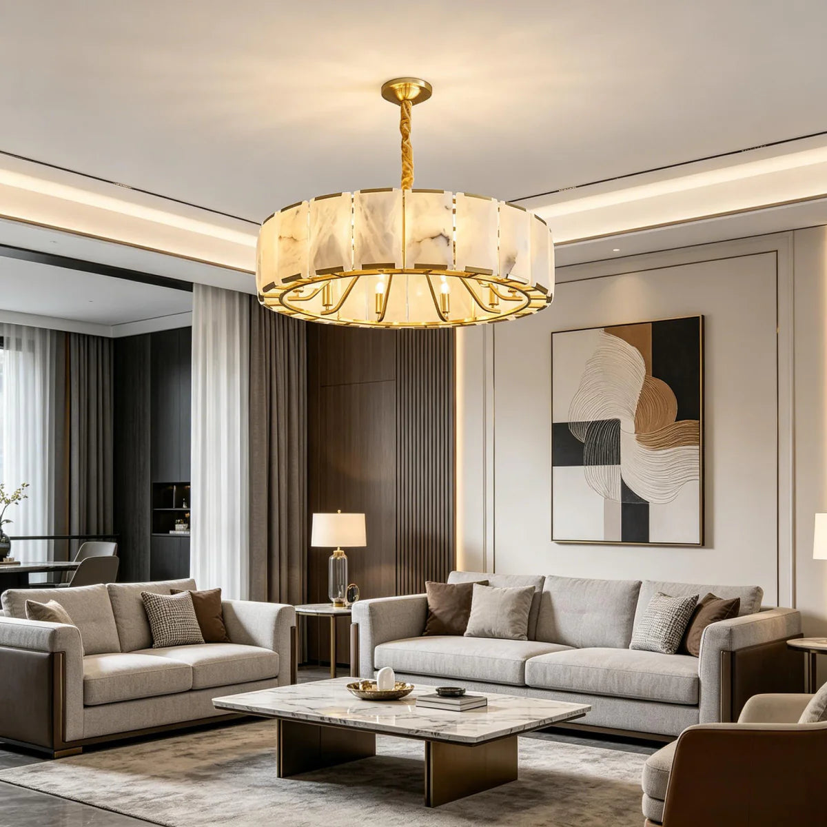 Spanish Alabaster Chandelier View 3 | Lashima Alabaster Halo Ring Chandelier | Modern Luxury Pendant Light for Living Room | JINSHE | JINSHE
