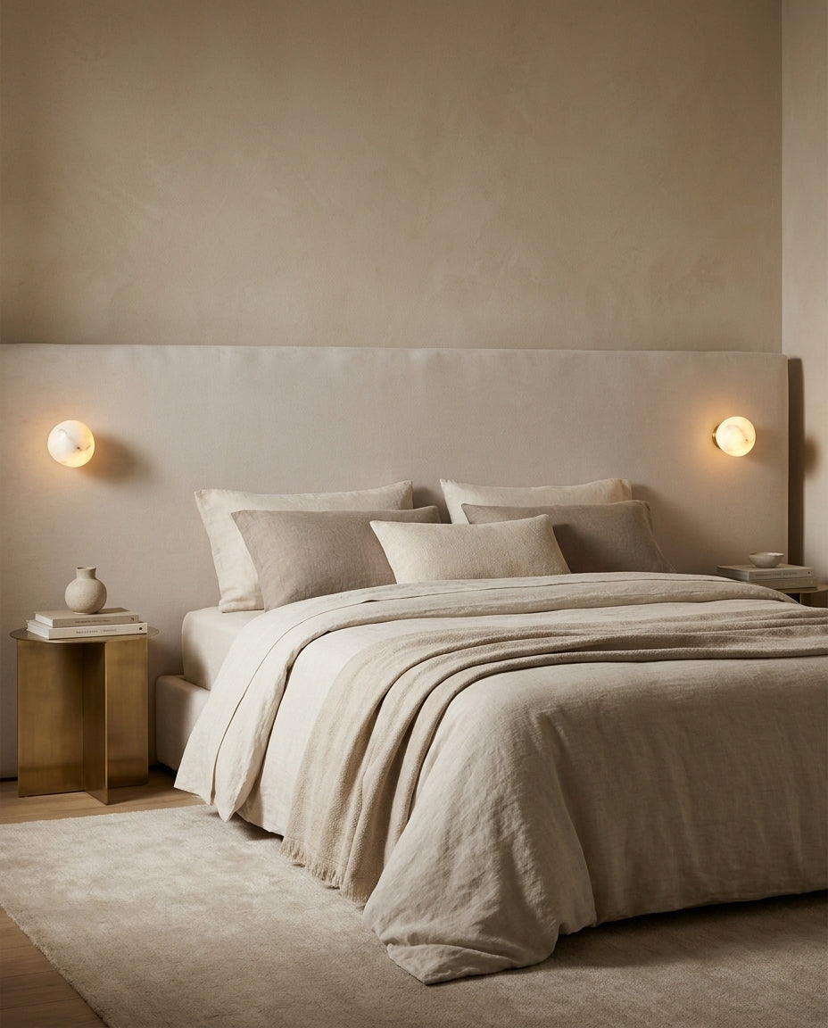Lava Alabaster Curated Alabaster Wall Sconce warm illuminated room view