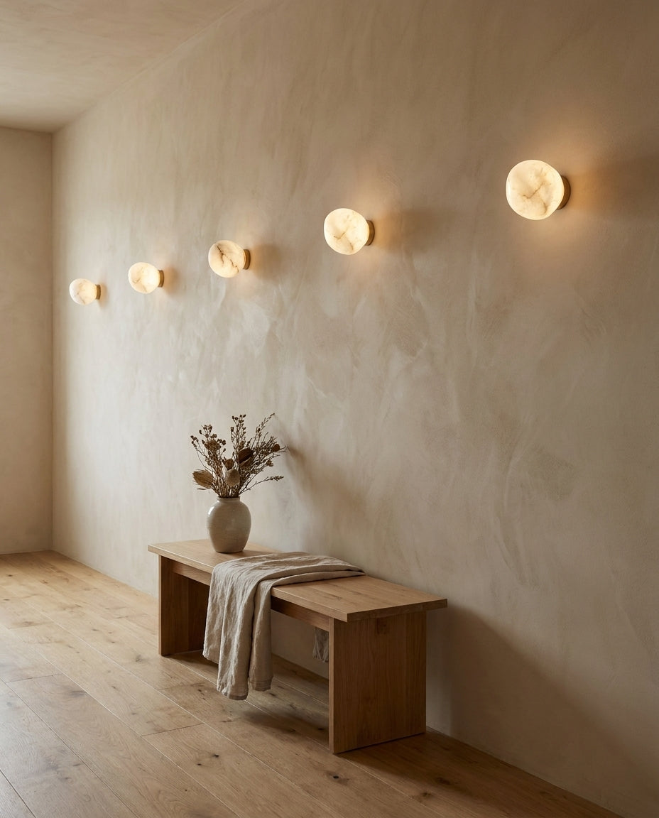 Lava Alabaster Curated Alabaster Wall Sconce – illuminated warm ambiance setting