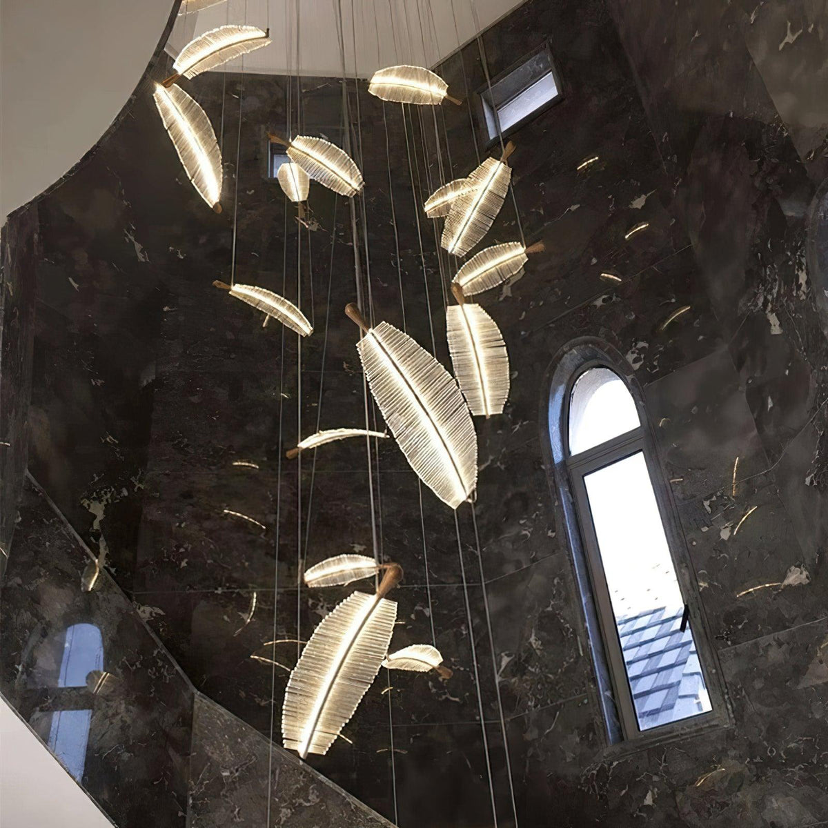 Leaf LED Curated Optical Acrylic Chandelier – unlit natural material contrast
