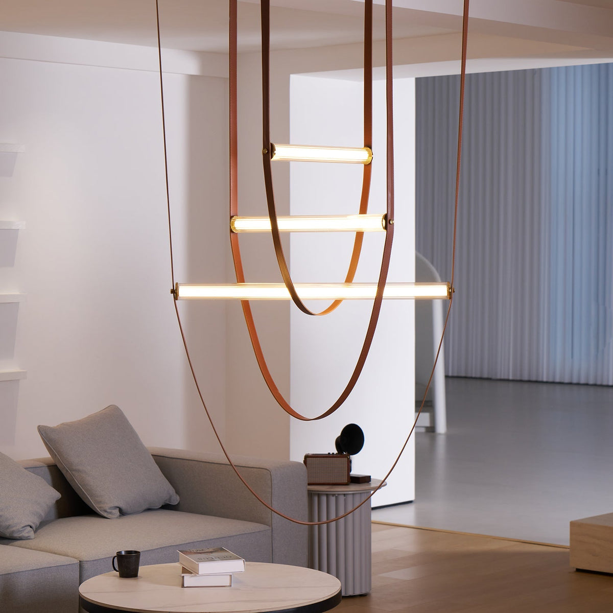 Tracer Belt Curated Mouth-Blown Frosted Glass Ch warm illuminated room view