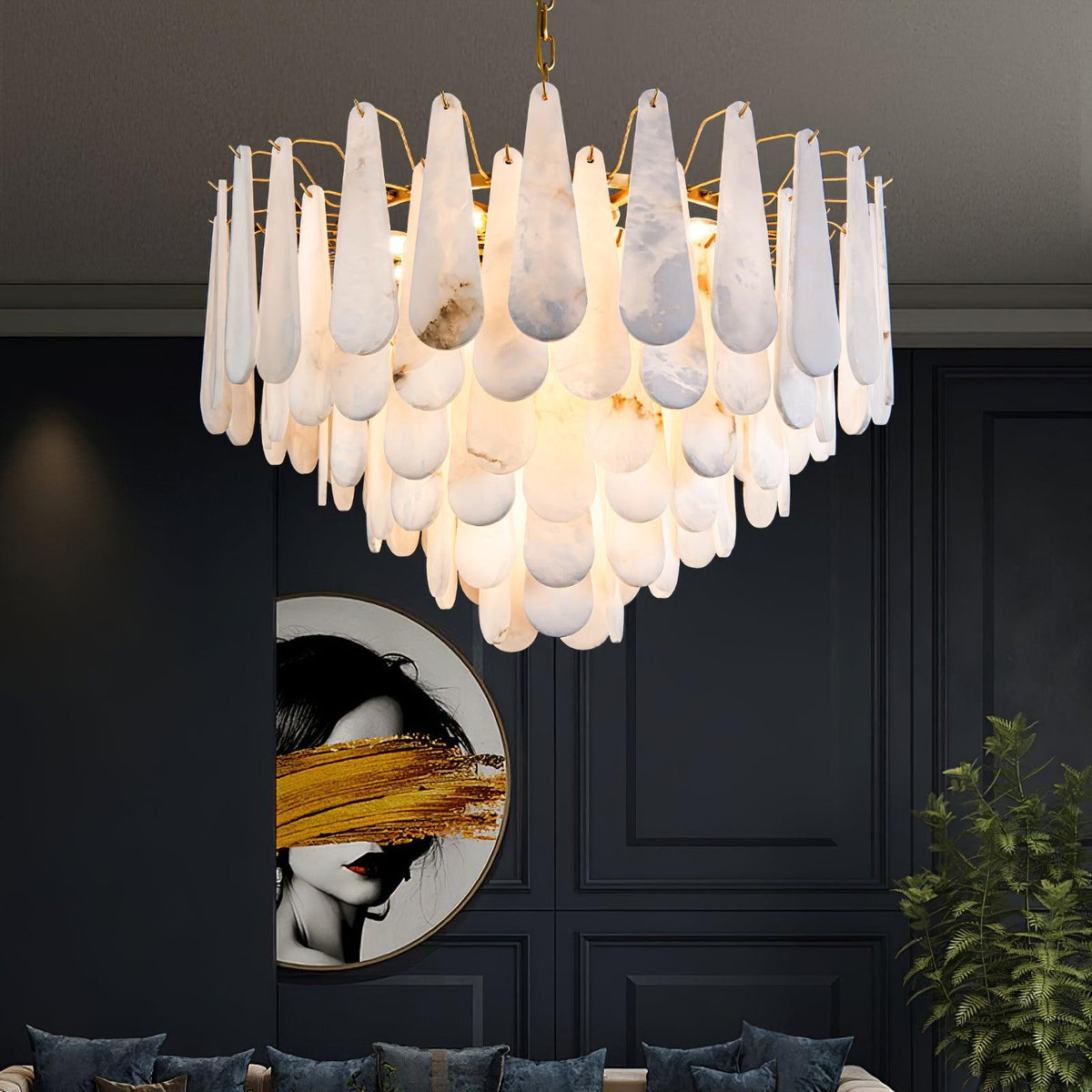Leon Alabaster Curated Alabaster Chandelier warm illuminated room view