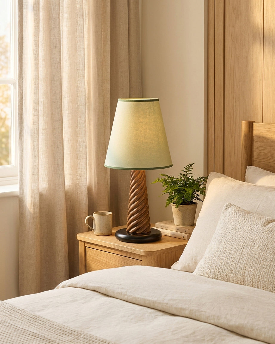 Lignora Curated Iron & Glass Table Lamp – illuminated warm ambiance setting