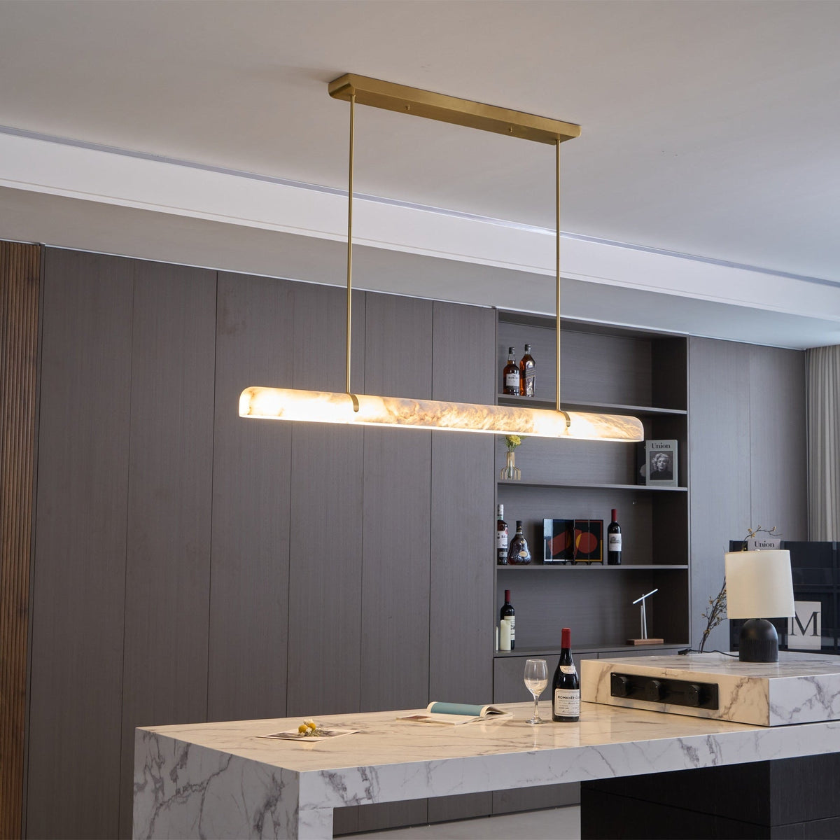 Linear Alabaster Curated Alabaster Chandelier installed in residential dining space