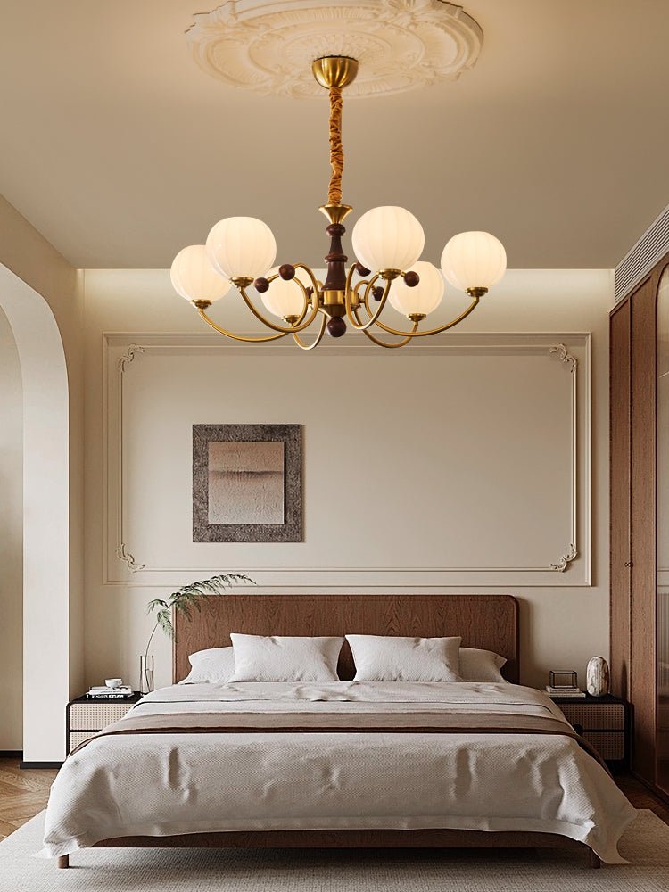 Livia Curated Mouth-Blown Frosted Glass Chandeli – unlit natural material contrast