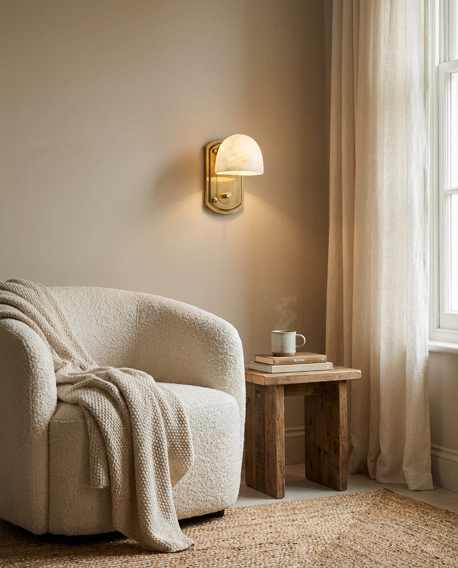 Lorina Alabaster Curated Alabaster Wall Sconce – illuminated warm ambiance setting