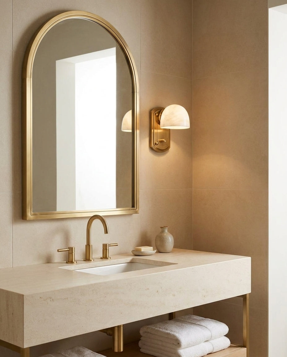 Lorina Alabaster Curated Alabaster Wall Sconce warm illuminated room view
