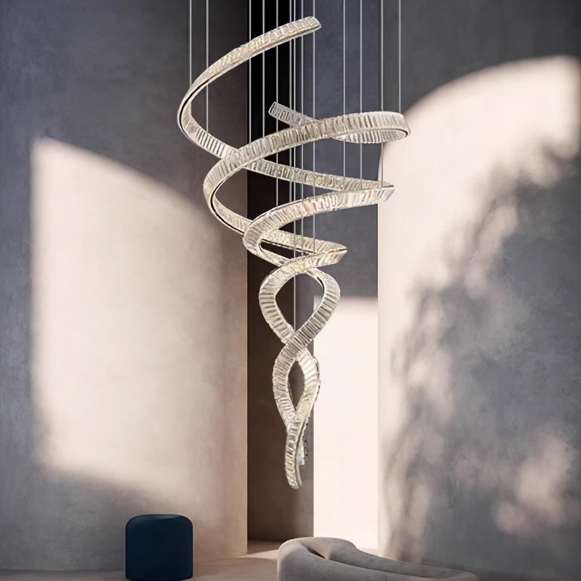 Long Spiral Crystal Chandelier – Ambient Illumination in Luxury Interior Setting View 12