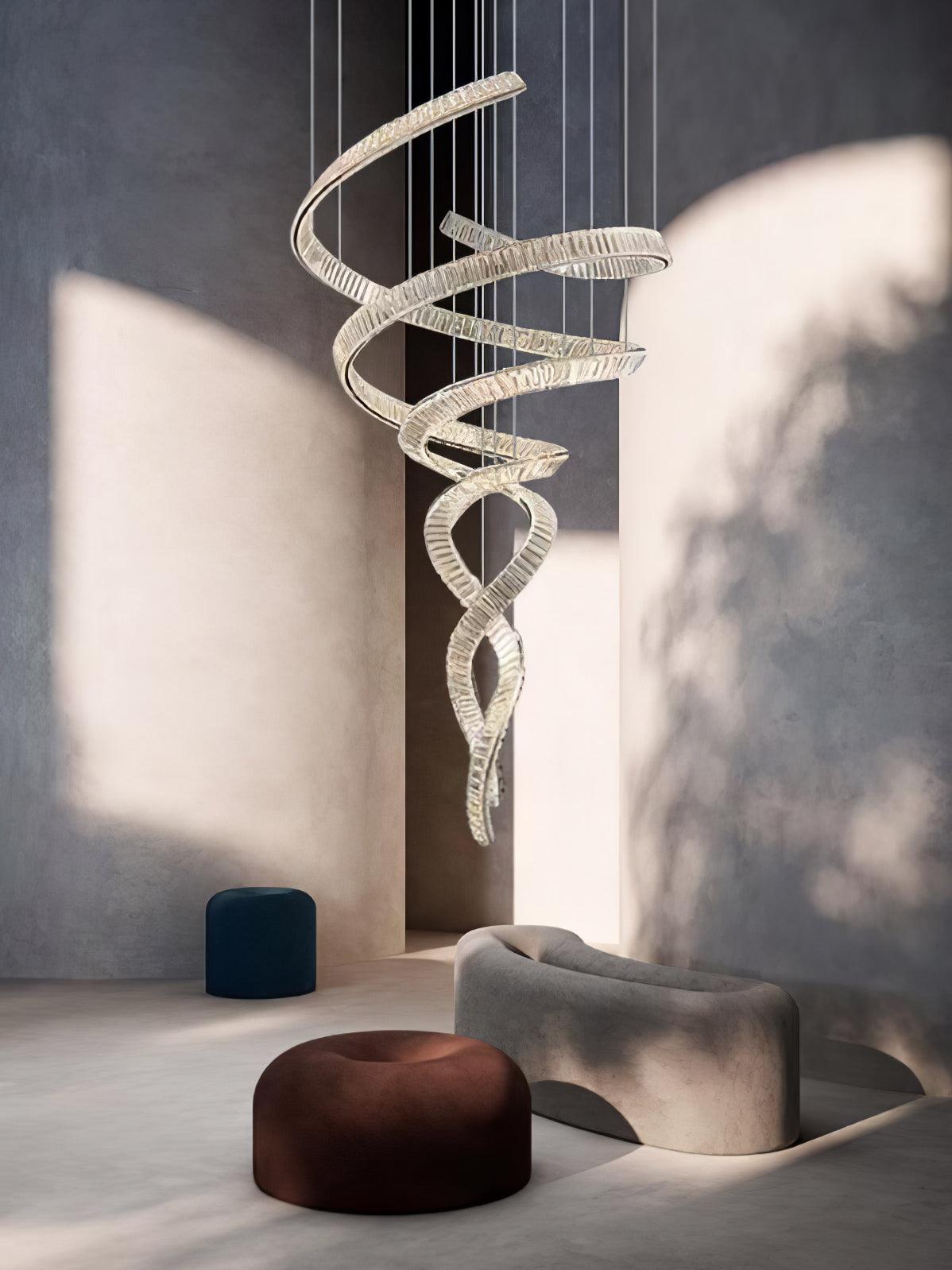 Long Spiral Crystal Chandelier – Ambient Illumination in Luxury Interior Setting View 13