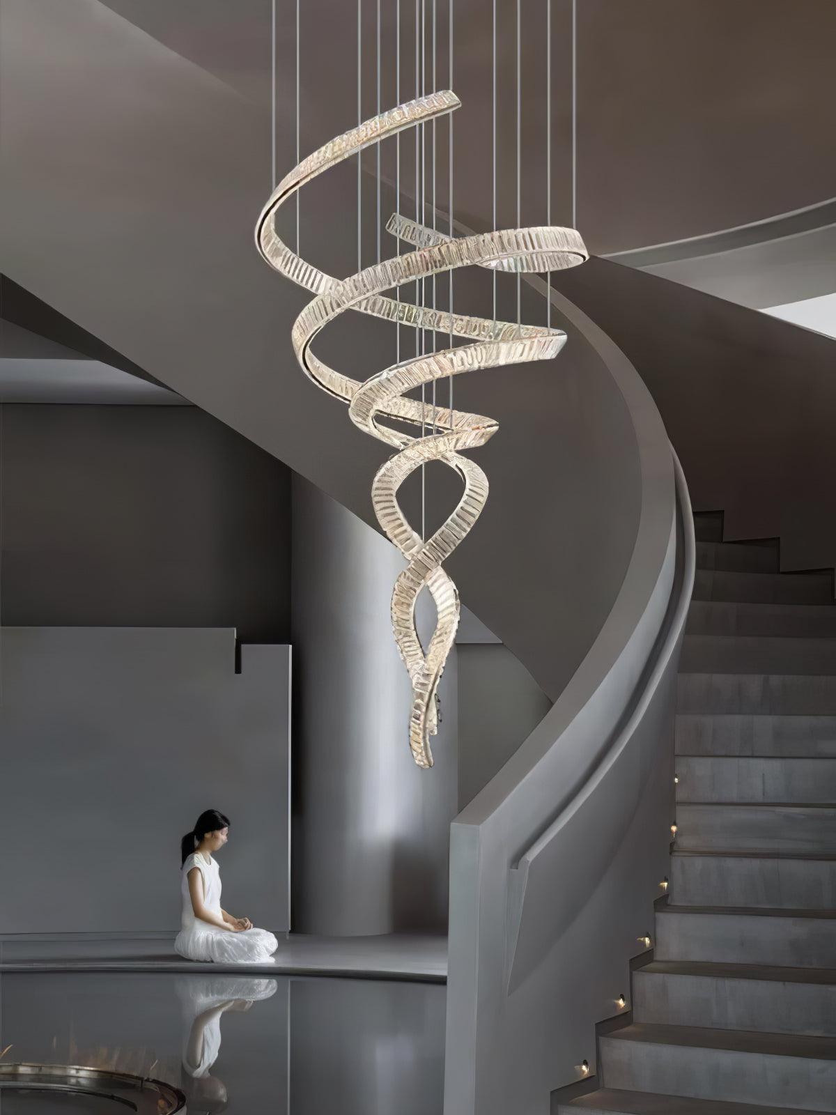 Long Spiral Crystal Chandelier – Ambient Illumination in Luxury Interior Setting View 14