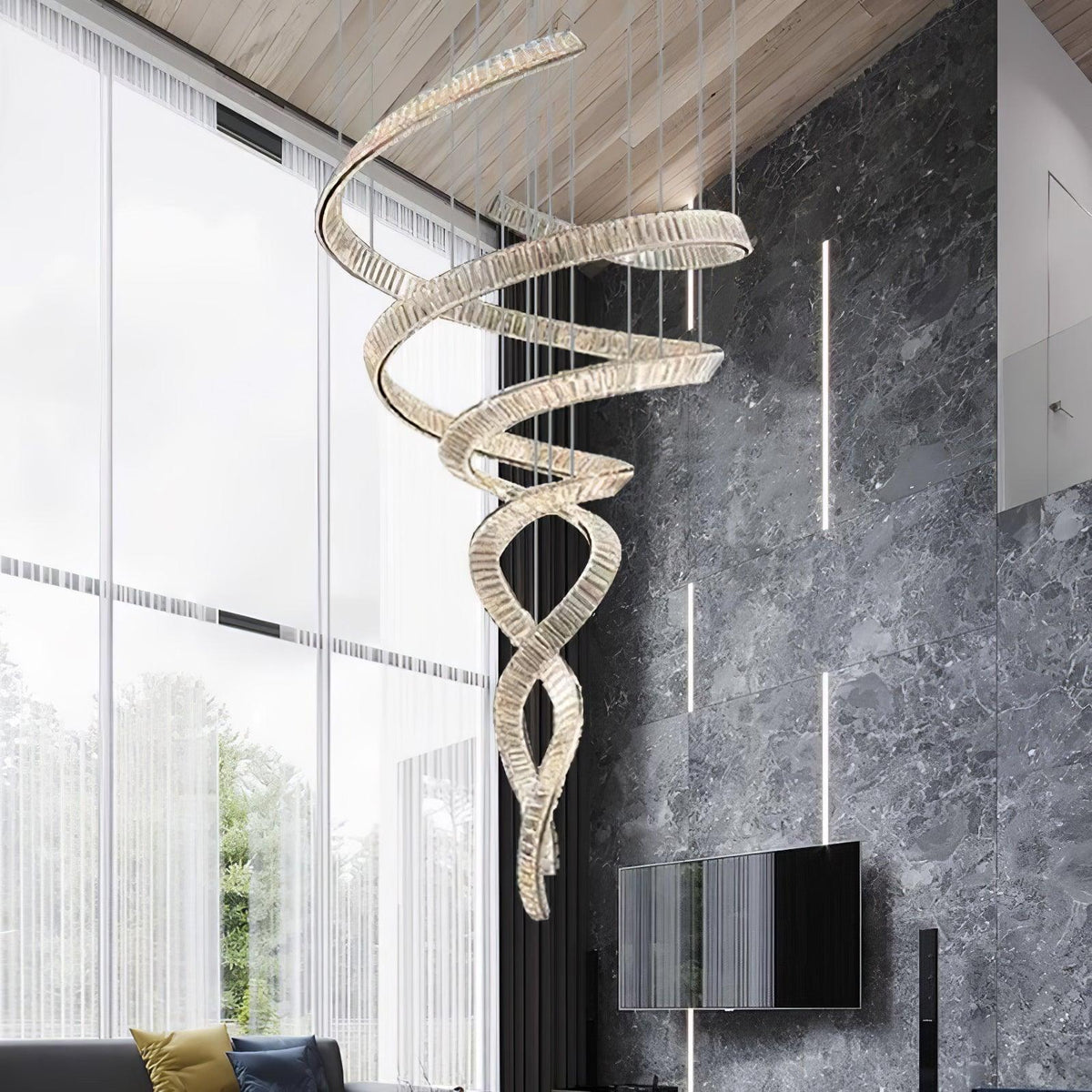 Long Spiral Crystal Chandelier – Ambient Illumination in Luxury Interior Setting View 15