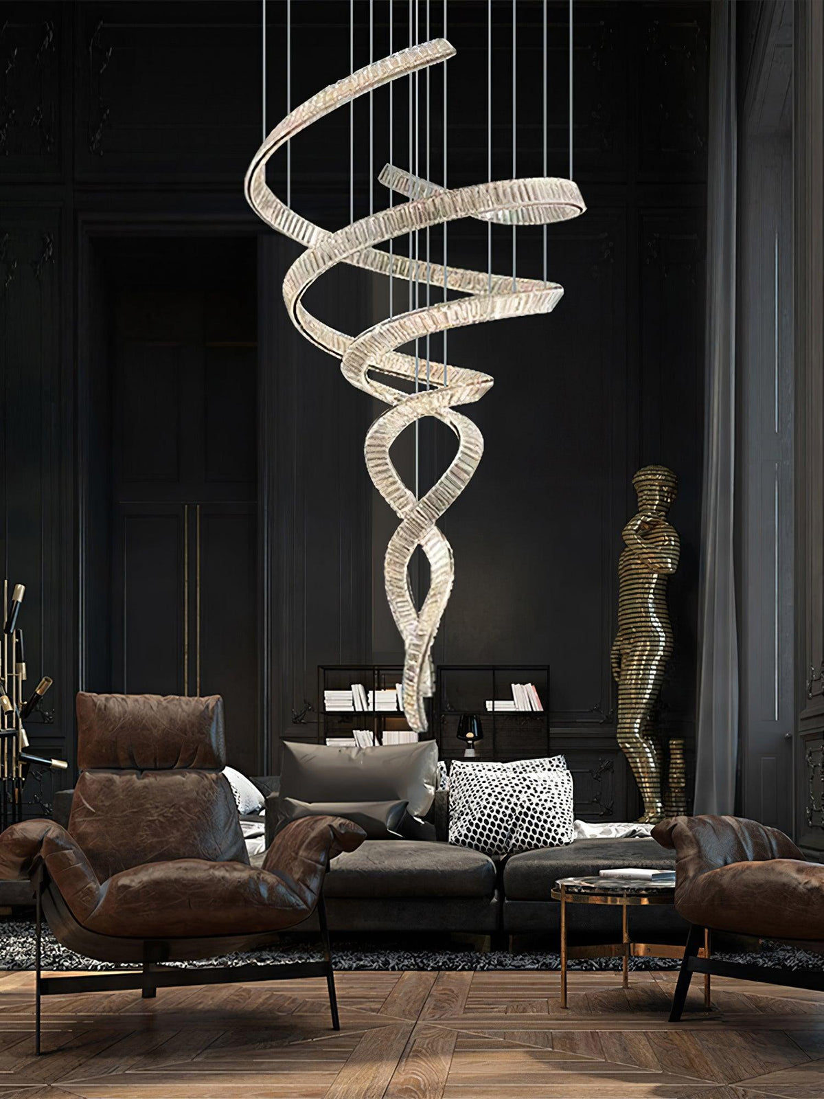 Long Spiral Crystal Chandelier – Ambient Illumination in Luxury Interior Setting View 8