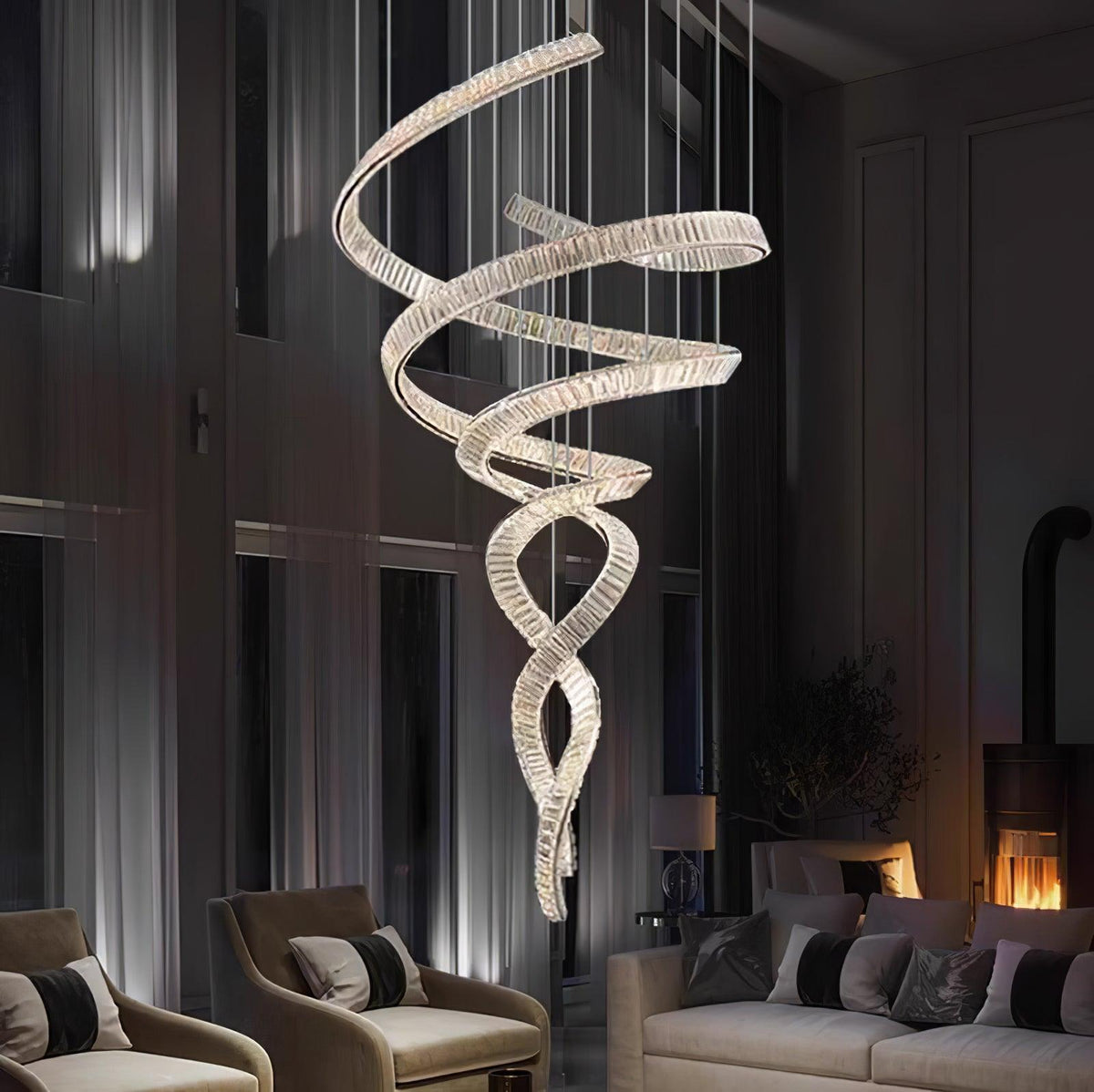 Long Spiral Crystal Chandelier – Ambient Illumination in Luxury Interior Setting View 5