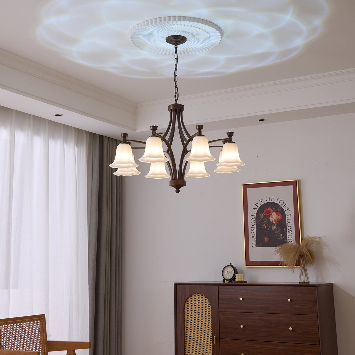 Lucian Bell Curated Mouth-Blown Frosted Glass Ch warm illuminated room view