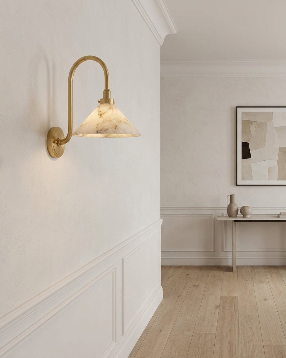 Lunelle Alabaster Curated Alabaster Wall Sconce – illuminated warm ambiance setting