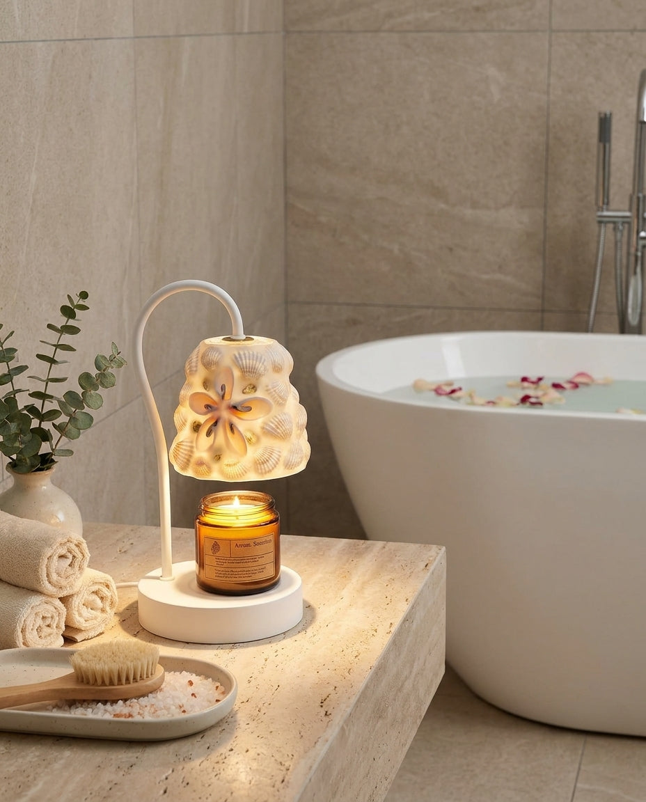 Marivelle Candle Warmer Curated Mouth-Blown Fros warm illuminated room view