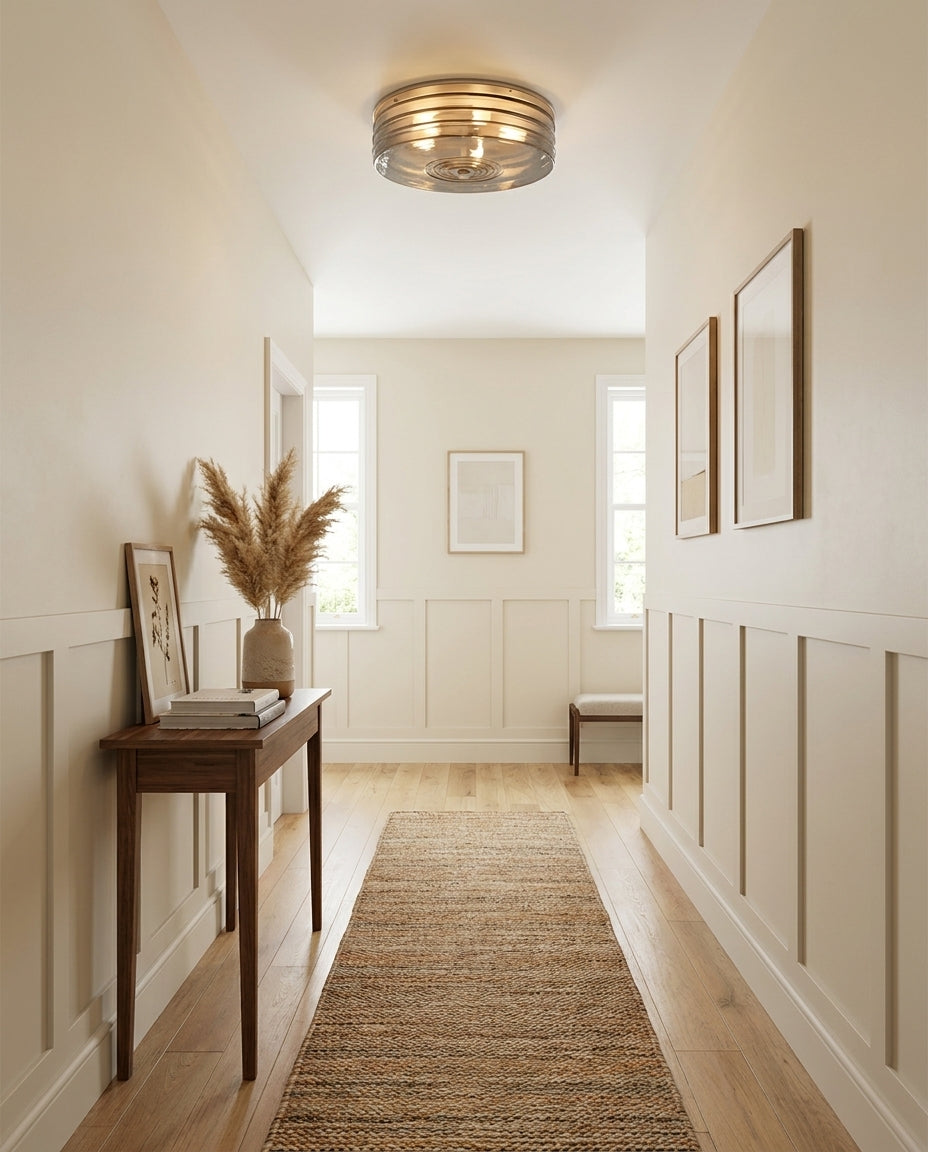 Marvian Curated Mouth-Blown Frosted Glass Flush – structural canopy joint detail