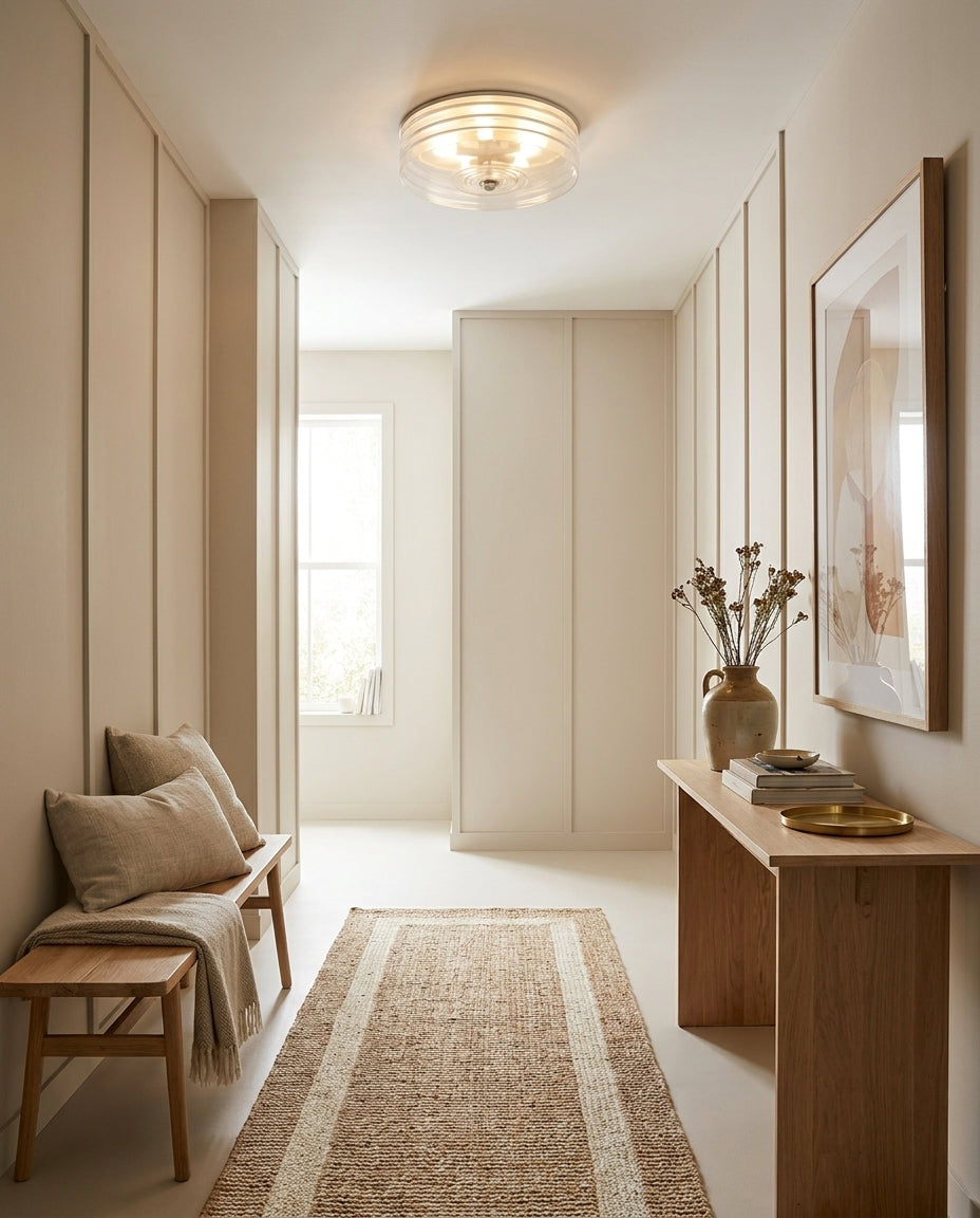 Marvian Curated Mouth-Blown Frosted Glass Flush warm illuminated room view